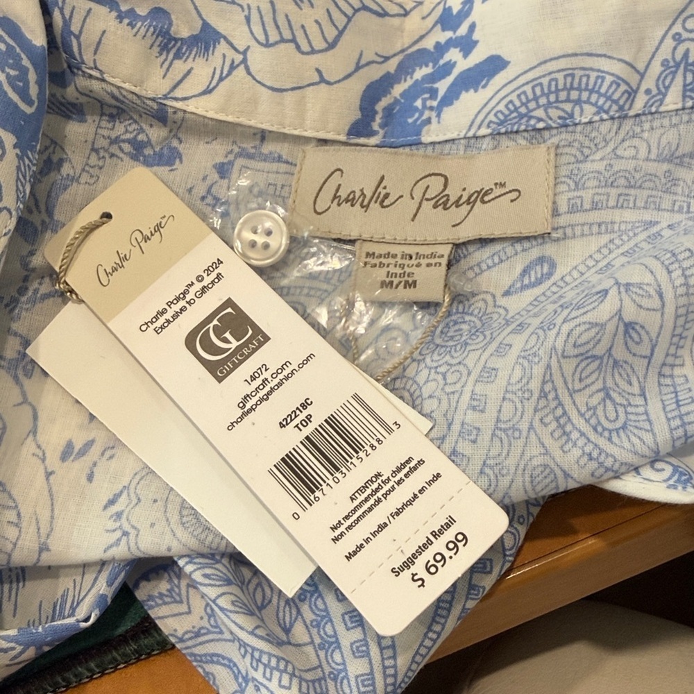 Charlie Paige Blue Paisley Cotton Blouse Medium NWT - Picture 7 of 9